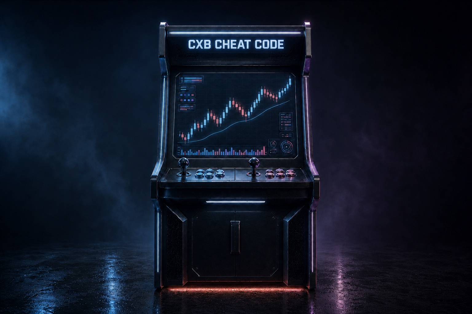 Futuristic arcade cabinet displaying a Bitcoin market chart
