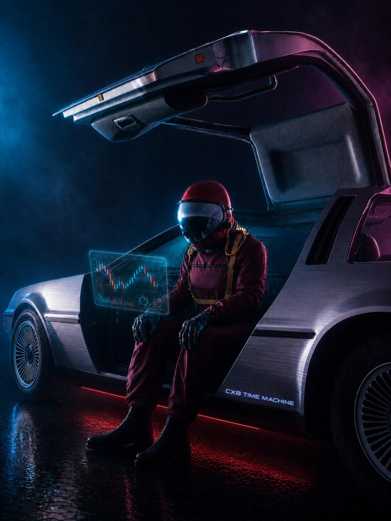 Astronaut beside a futuristic car reviewing a market display